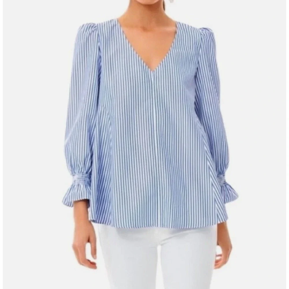 Tuckernuck‎ Easton Smocked Ruffle Top Blue White Striped Puff XS Preppy Coastal